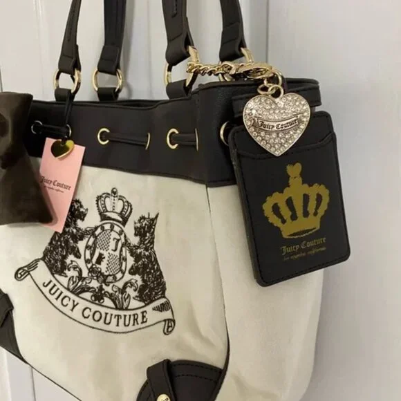 Juicy Couture Classic Scottie Dogs Tote Cream White & Chocolate Brown Bow NWT - Picture 2 of 6